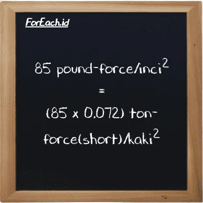 Cara konversi pound-force/inci<sup>2</sup> ke ton-force(short)/kaki<sup>2</sup> (lbf/in<sup>2</sup> ke tf/ft<sup>2</sup>): 85 pound-force/inci<sup>2</sup> (lbf/in<sup>2</sup>) setara dengan 85 dikalikan dengan 0.072 ton-force(short)/kaki<sup>2</sup> (tf/ft<sup>2</sup>)